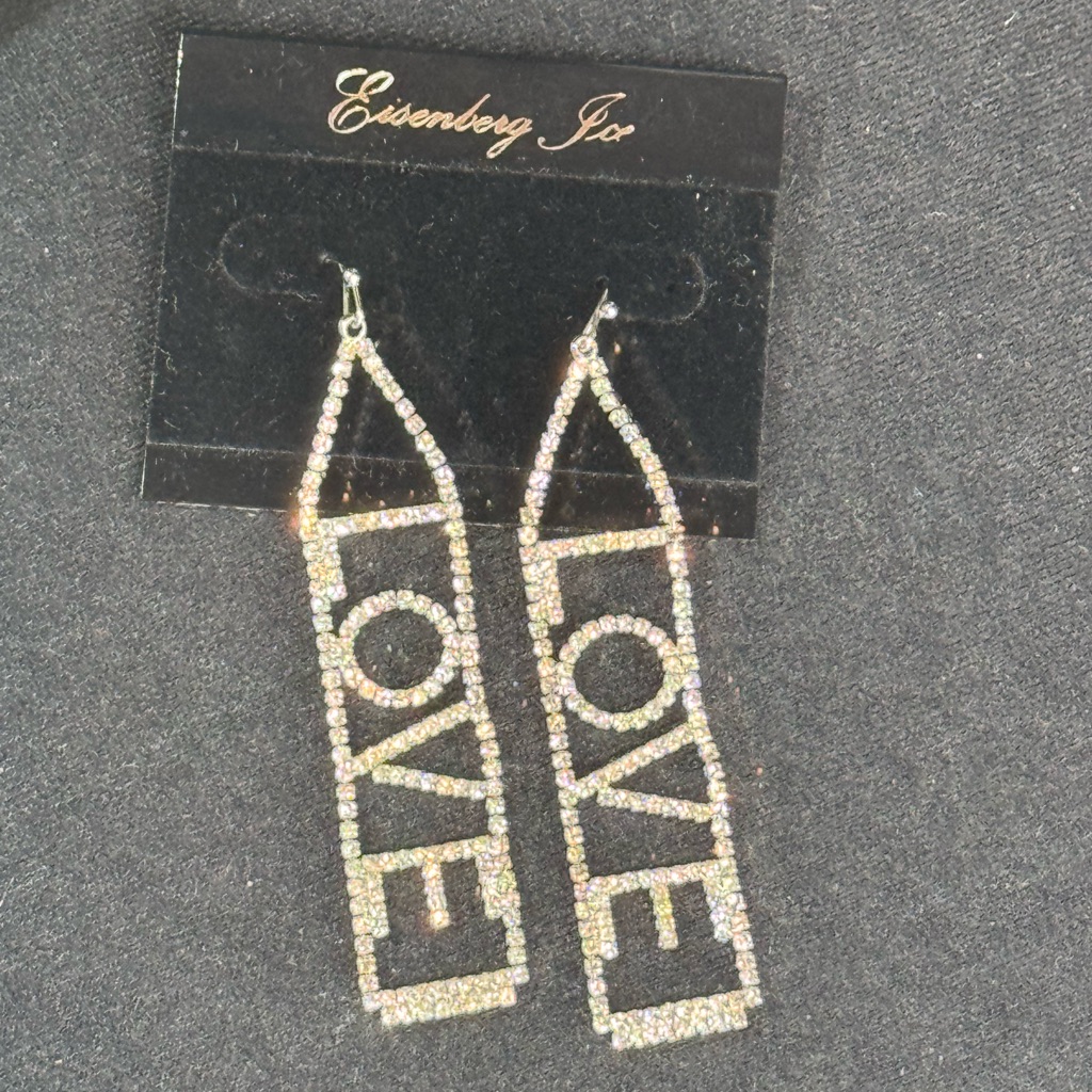 Eisenberg Ice Cubic Zirconia Drop Dangle Silver Tone “Love” Earrings